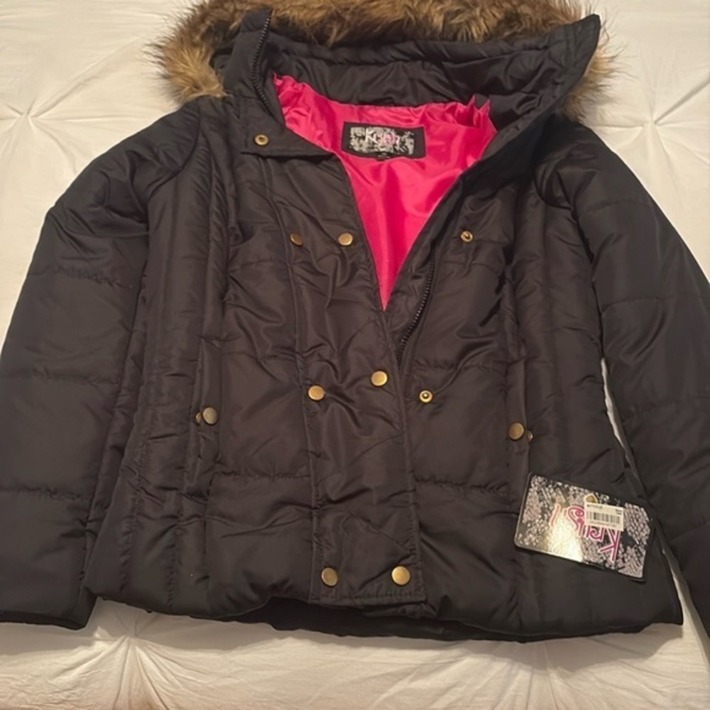 NWT Krush M faux fur hooded jacket zip up/ button up black/ pink lining‎